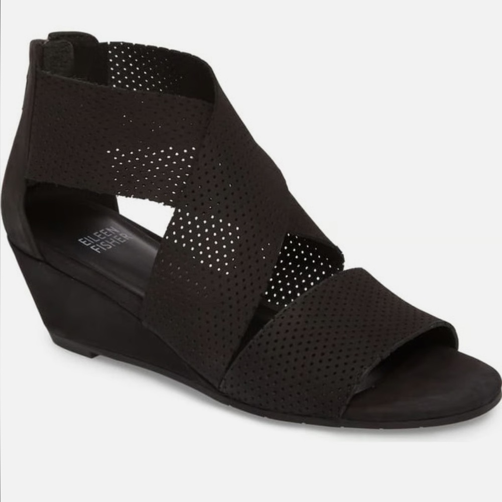 Eileen Fisher Kes‎ 2 Sandals Perforated Nubuck Cross Strap Wedge Women’s 8 Black